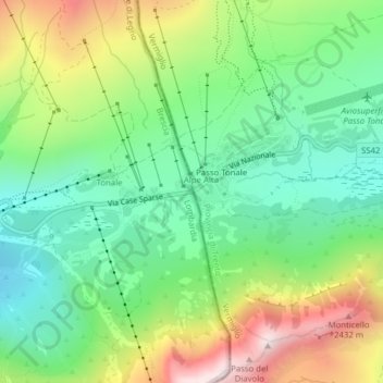 Mapa topográfico Tonalepass, altitud, relieve