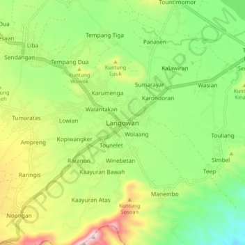 Mapa topográfico Langowan, altitud, relieve
