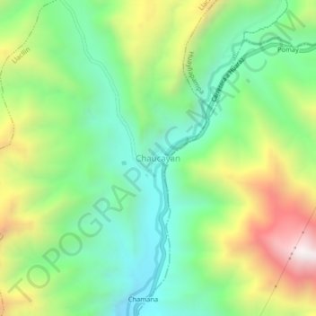 Mapa topográfico Chaucayan, altitud, relieve