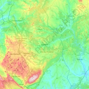 Mapa topográfico Ourém, altitud, relieve