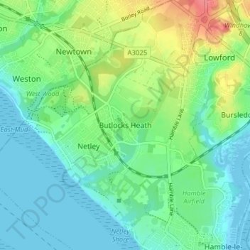 Mapa topográfico Butlocks Heath, altitud, relieve