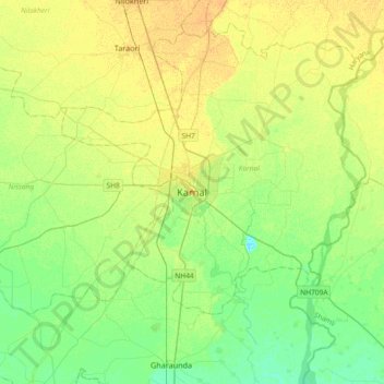 Mapa topográfico Karnal, altitud, relieve