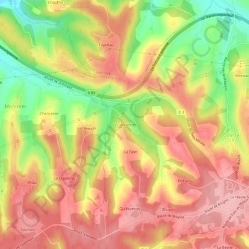 Mapa topográfico Les Borderies, altitud, relieve