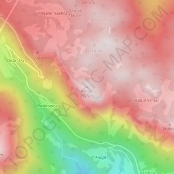 Mapa topográfico Vrmac, altitud, relieve