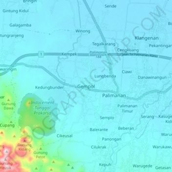 Mapa topográfico Gempol, altitud, relieve