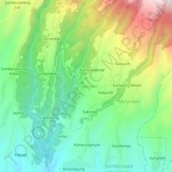 Mapa topográfico Tamansari, altitud, relieve