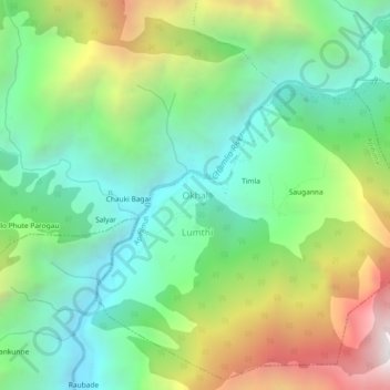 Mapa topográfico Okhal, altitud, relieve