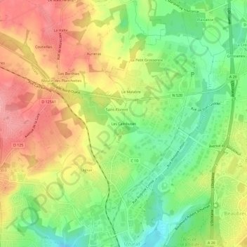 Mapa topográfico Les Cambuses, altitud, relieve