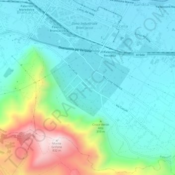 Mapa topográfico Ciaculli, altitud, relieve