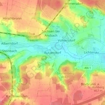 Mapa topográfico Rutzendorf, altitud, relieve