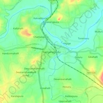 Mapa topográfico Nanjanagudu, altitud, relieve