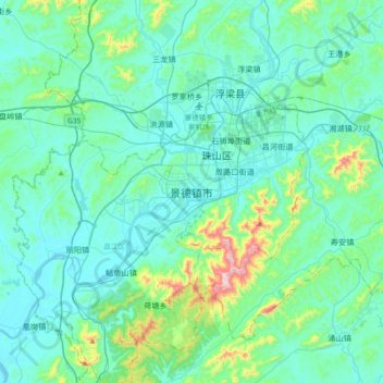 Mapa topográfico Jingdezhen, altitud, relieve