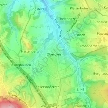 Mapa topográfico Oberpleis, altitud, relieve