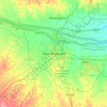 Mapa topográfico Tiruchirappalli, altitud, relieve