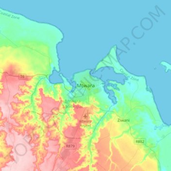 Mapa topográfico Mtwara, altitud, relieve
