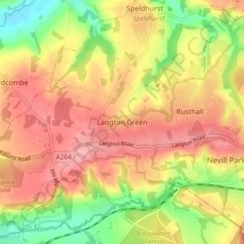 Mapa topográfico Langton Green, altitud, relieve