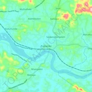 Mapa topográfico Pattambi, altitud, relieve