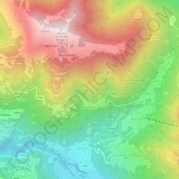Mapa topográfico Alpe Corina, altitud, relieve