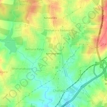 Mapa topográfico Kommaghatta, altitud, relieve
