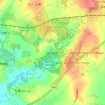 Mapa topográfico Willesley, altitud, relieve