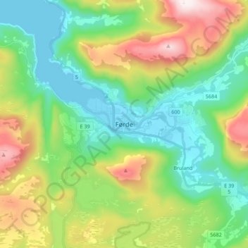 Mapa topográfico Førde, altitud, relieve
