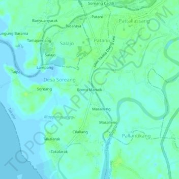 Mapa topográfico Bonto Manaik, altitud, relieve