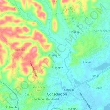 Mapa topográfico Danglag, altitud, relieve