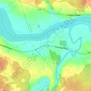 Mapa topográfico Coverdale, altitud, relieve