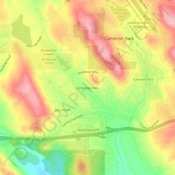 Mapa topográfico Cambridge Oaks, altitud, relieve