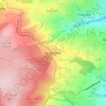Mapa topográfico Ringinglow, altitud, relieve
