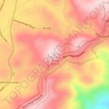 Mapa topográfico Bent Mountain, altitud, relieve