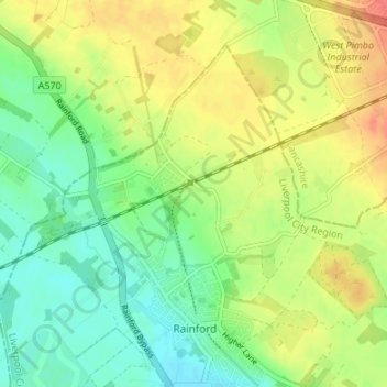 Mapa topográfico Rainford Junction, altitud, relieve