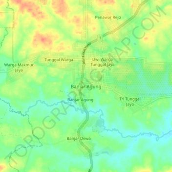 Mapa topográfico Banjar Agung, altitud, relieve