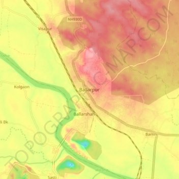 Mapa topográfico Ballarpur, altitud, relieve