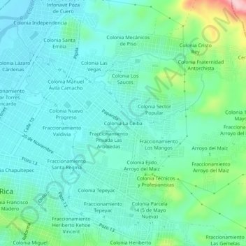 Mapa topográfico Colonia La Ceiba, altitud, relieve