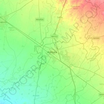 Mapa topográfico Ambala, altitud, relieve