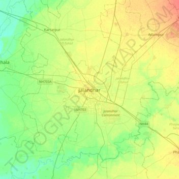 Mapa topográfico Jalandhar, altitud, relieve