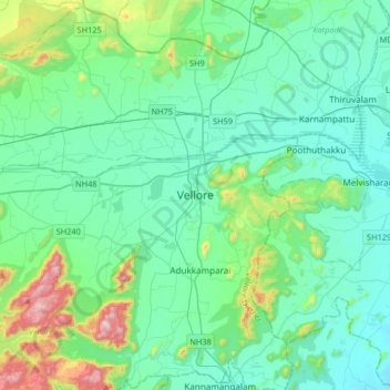 Mapa topográfico Vellore, altitud, relieve