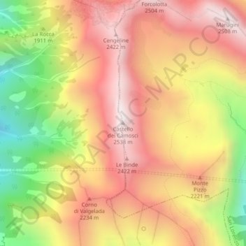 Mapa topográfico Castello dei Camosci, altitud, relieve