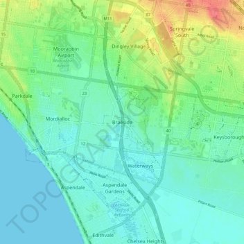 Mapa topográfico Braeside, altitud, relieve