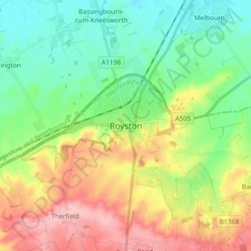 Mapa topográfico Royston, altitud, relieve