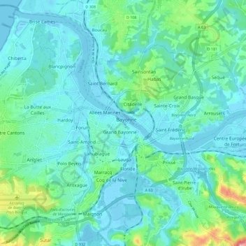 Mapa topográfico Bayonne, altitud, relieve