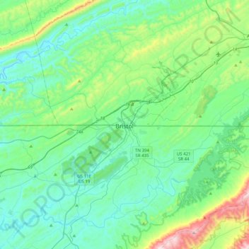 Mapa topográfico Bristol, altitud, relieve