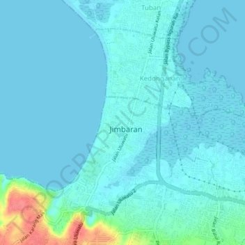 Mapa topográfico Jimbaran, altitud, relieve