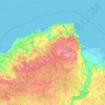 Mapa topográfico kashubia, altitud, relieve