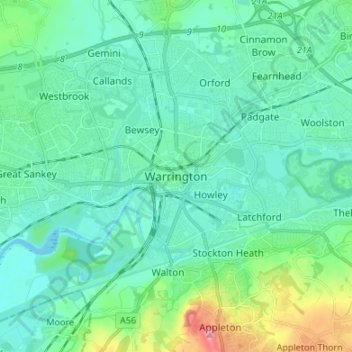 Mapa topográfico Warrington, altitud, relieve