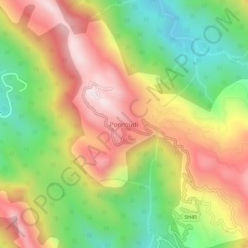 Mapa topográfico Ponmudi, altitud, relieve
