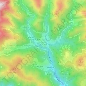 Mapa topográfico Antraigues-sur-Volane, altitud, relieve