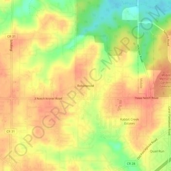 Mapa topográfico Robinwood, altitud, relieve