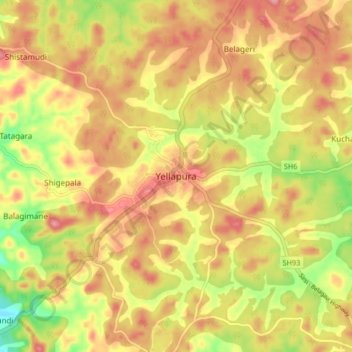 Mapa topográfico Yellapur, altitud, relieve